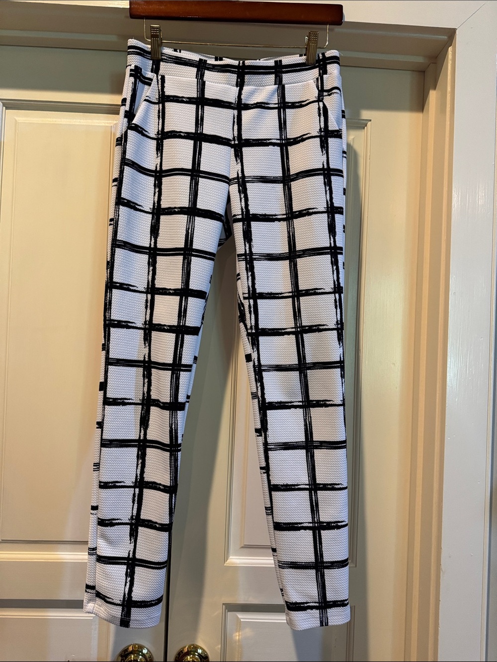 Men's White Pants with Black Grid Pattern